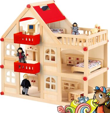 Дерев&39яний ляльковий будиночок для ляльок, кімната для ляльок з 3 поверхами, 4 ляльки та 15 предметами меблів, ручка для перенесення 555x26 см
