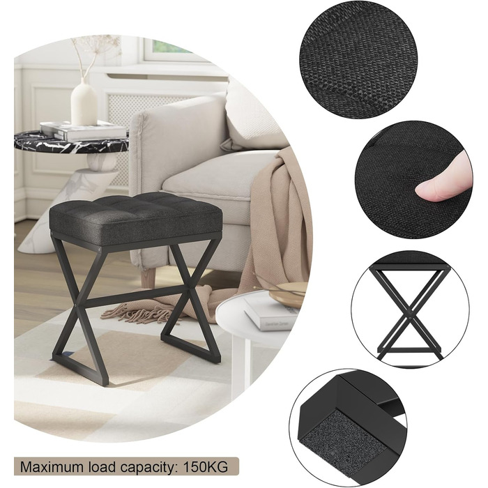 Туалетний стілець YMYNY, пуф для ніг, лляне сидіння, макіяжний стілець з металевими ніжками у формі X, для туалетного столика, вітальні, спальні, передпокою, коридору 403046 см чорний HBD033B