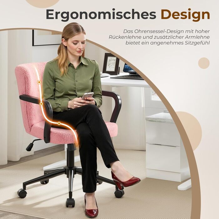 Крісло для офісу з регульованою висотою, ергономічне офісне крісло з високою спинкою та підлокітниками, обертове крісло з крилами спинки, крісло для туалетного столика, крісло для туалетного столика з колесами, рожева тканина шерпа