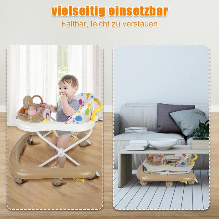 Складані дитячі ходунки Homewell 2-в-1 з сонцезахисним тентом та ручкою для штовхання, регульована висота в 5 положеннях, ходунки з музичною та активною дошкою, дитячі ходунки, діти 624 місяці (хакі)