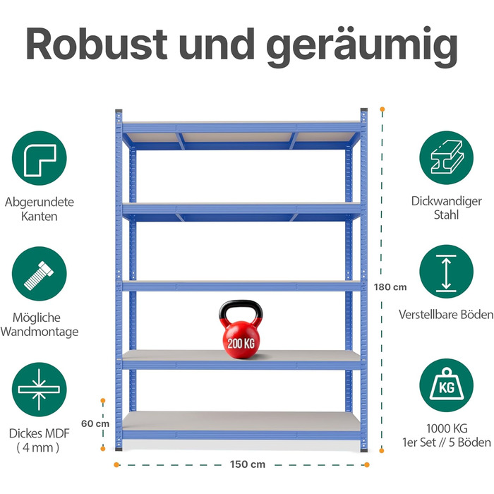 Міцний стелаж 180 x 150 x 60 см, вантажопідйомність 1000 кг, стелаж для зберігання, підвищена міцність сталі, металевий стелаж, стійкий до цвілі, стелаж для підвалу, стелаж без болтів, стелаж для майстерні (150 см з інструментами)