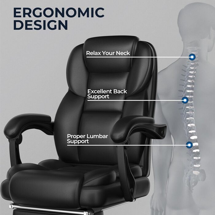 Ергономічне офісне крісло Yaheetech, крісло керівника з підставкою для ніг, письмове крісло з адаптивними підлокітниками, висока спинка, регульована висота, для офісу, чорне