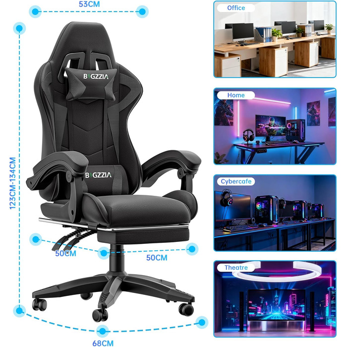 Геймерське крісло з висувною підставкою для ніг та регульованою поперековою опорою, ергономічне комп&39ютерне крісло з синтетичної шкіри з можливістю нахилу 90-155, офісне крісло з піни з ефектом пам&39яті та подушкою для шиї (чорне)