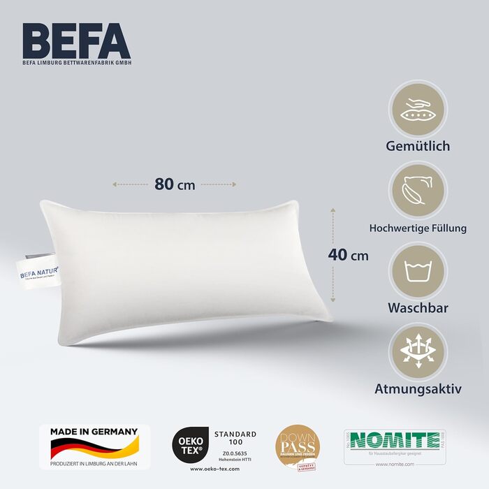 Подушка BEFA NATUR з пір&39я 40x80 см надзвичайно жорстка Подушка 100 пір&39я Вага наповнювача 1500 г Гіпоалергенна (NOMITE) Сертифікована для тварин (DOWNPASS) Oeko-TEX Клас 1 Зроблено в Німеччині 40x80 см
