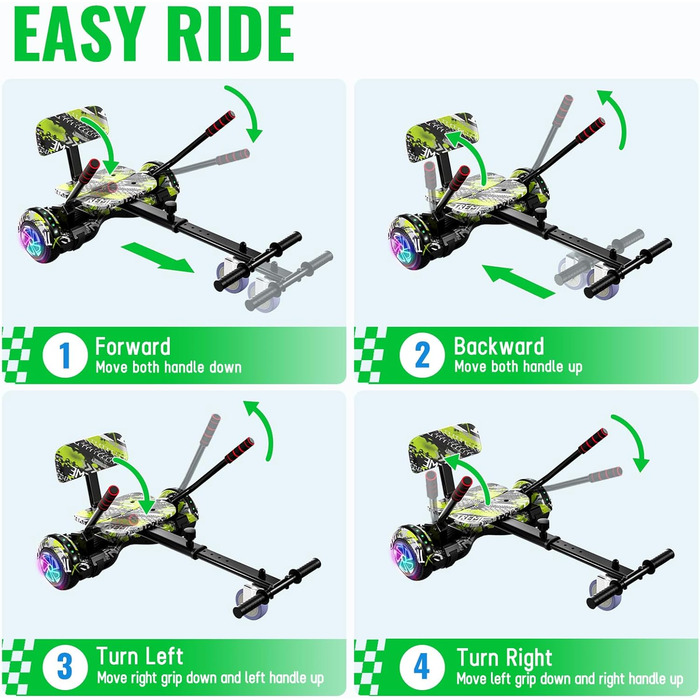 Кріплення на сидіння SISIGAD для гіроскутера – з Bluetooth, кольоровими світлодіодними ліхтарями, регульована довжина рами для дітей