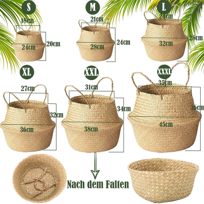 Кошики для зберігання морської трави, круглий кошик для білизни з ручкою, плетений кошик з натуральних матеріалів, кошики для рослин, складний кошик на животі для зберігання ковдр, рослин, іграшок (XXL 38x34 см), 2
