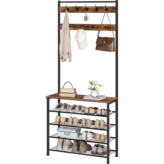Вішалка для одягу HOOBRO, Вішалка для взуття з шафою, Вішалка для одягу з місцем для зберігання взуття, Шафа для взуття з 5 полицями, для передпокою, Темно-коричневий EBF80MT01G2 80 x 32 x 190 см (Д x Ш x В) Вінтажний коричневий чорний