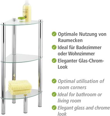 Кутова полиця WENKO Модель Yago з 3 скляними полицями, Кутова полиця для ванної кімнати з нержавіючої сталі та скла, 30 x 74 x 30 см, Компактне сховище для ванної кімнати, 3 яруси
