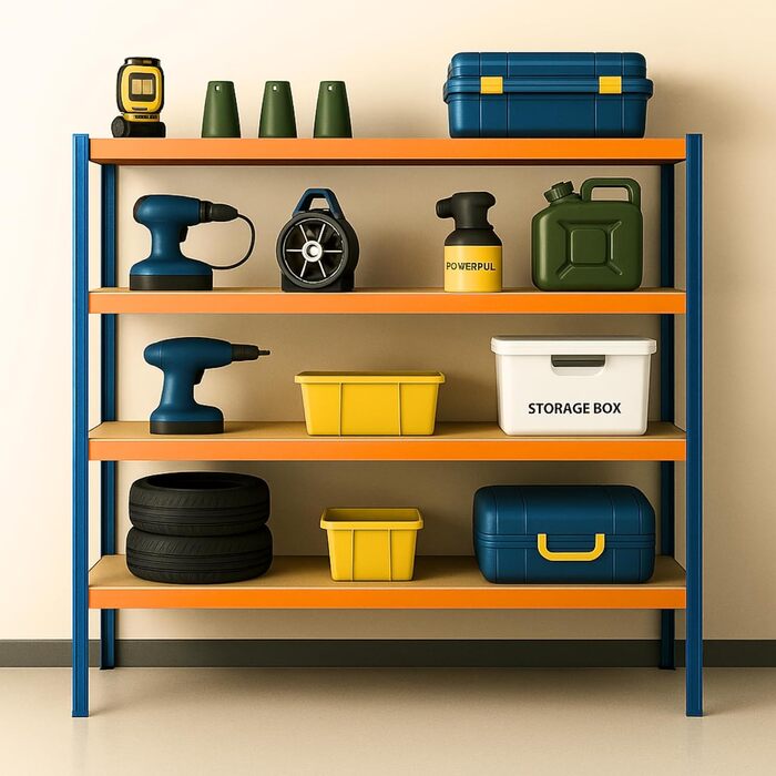 Потужний стелаж KARAT XXL, синьо-помаранчевий 200 x 180 x 60 см, стелажі для гаража, підвалу та майстерні - безболтові стелажі, широкопрохідні стелажі, підвальні стелажі, стелажі для майстерні (TitanRack Big)