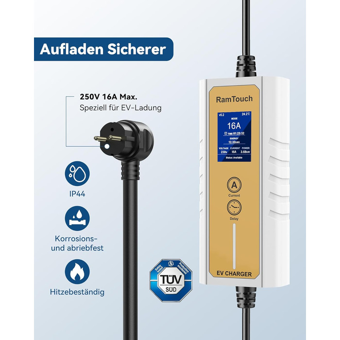 Зарядний кабель RamTouch для електромобілів типу 2 Schuko (3,7 кВт, 6,5 м), мобільна настінна коробка Schuko з регульованою та зап