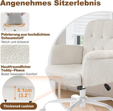 Офісне крісло ZZH для домашнього офісу, зручне, м&39яке, пухнасте крісло для туалетного столика з колесами та підлокітниками, миле поворотне комп&39ютерне сидіння з плюшевого оксамиту для спальні, макіяж, білий колір