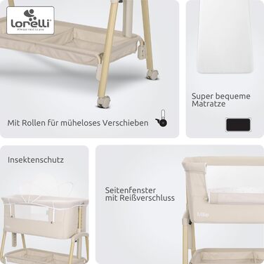 Дитяче ліжечко Lorelli Baby Millie, колиска зі складною бічною панеллю, регульоване по висоті дитяче ліжечко з матрацом, складне приліжкове ліжечко, бежевий колір