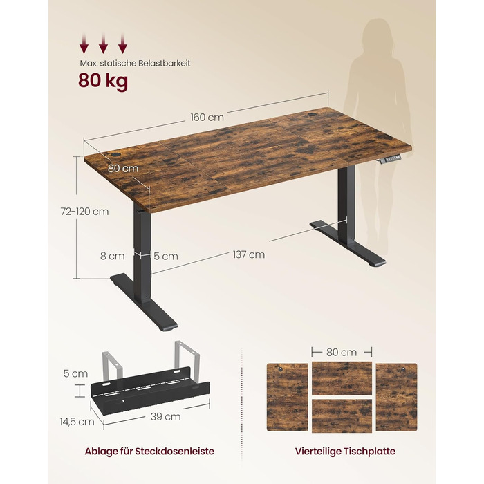 Стіл VASAGLE з регульованою висотою, 160 x 80 см, порт USB-C, подовжувач для зберігання, стіл для роботи стоячи, нагадування про тривале сидіння, 3 кнопки пам&39яті, для офісу, вінтажний коричневий LSD146KD02 160 x 80 см вінтажний коричневий