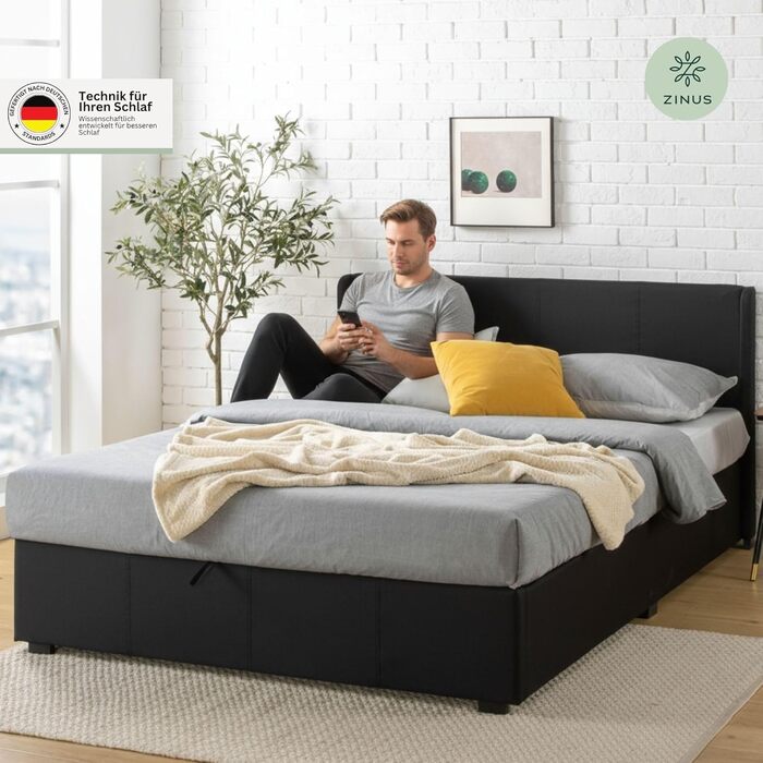 Ліжко Zinus Maddon з м&39якою поверхнею 140x200 см з місцем для зберігання - Висота 31 см з дерев&39яною рейковою основою та узголів&39ям - Гідравлічний підйомний механізм та місце для зберігання - Чорне 140 x 200 см Чорний