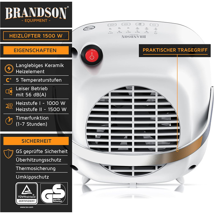 Енергозберігаючий, тихий електричний керамічний обігрівач - Електричний обігрівач з 2 режимами нагріву - Захист від перегріву - Термостат - Ванна кімната, спальня, вітальня - GS безпека A Білий