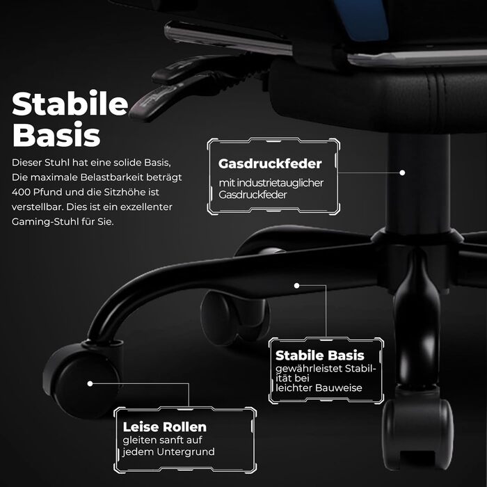 Ігрове крісло GTPLAYER, ергономічне офісне крісло з підставкою для ніг, регульованим підголівником та поперековою опорою, ігрове крісло, синє