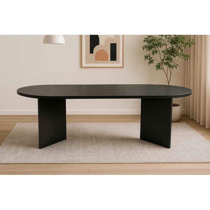 Обідній стіл SAM Ovi 204 x 90 см Деревина чорного кольору Стільниця товщиною 40 мм V-подібні ніжки Овальний обідній стіл з прямими краями Дерев&39яний обідній стіл Дерев&39яний обідній стіл 204 x 90 см Чорний