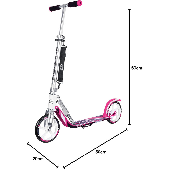 Самокат HUDORA BigWheel 205 стабільний алюмінієвий міський самокат, складаний, з регулюванням висоти та підніжкою, для дітей та дорослих (до 100 кг), білий/рожевий