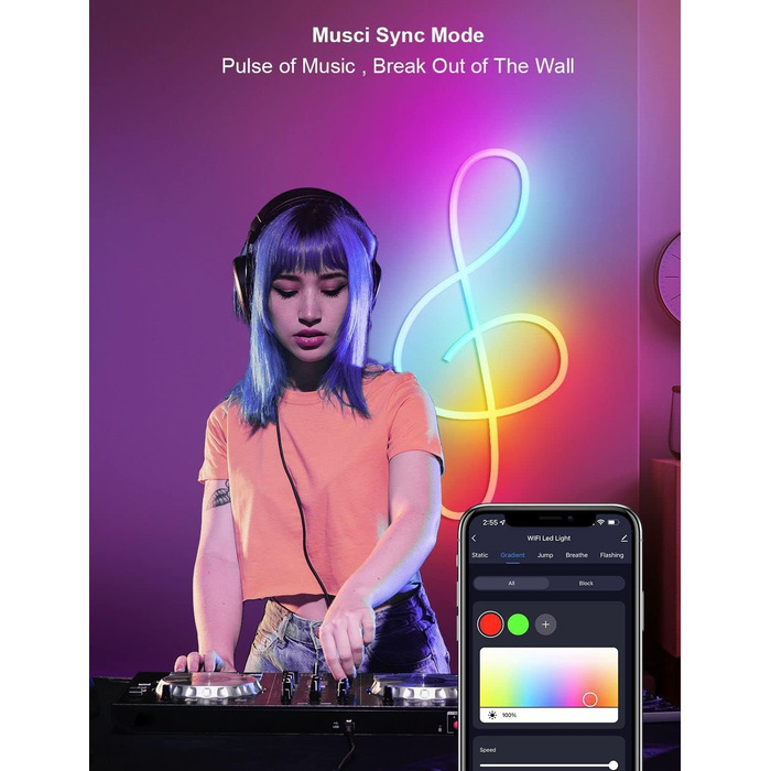 Неонова світлодіодна стрічка LPDISPLAY 3 м, RGBIC неонова світлодіодна стрічка DIY функція, синхронізація музики, працює з Alexa та Google Assistant, неонова стрічка для вітальні, спальні, декору стін