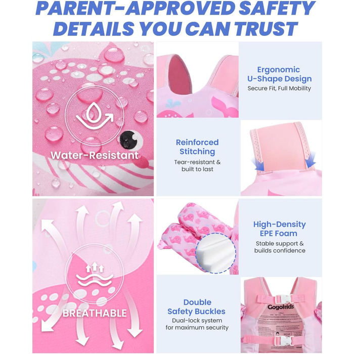 Дитячий плавальний жилет Gogokids з крильцями для плавання для дітей віком 15-30 кг, сертифікований засіб для плавання EN 13138-1 для дітей віком 2-6 років, плавальна локшина для малюків з крильцями для басейну, пляжу та плавання, світло-рожевий