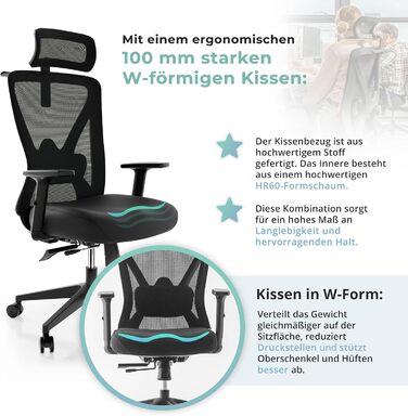 Ергономічне офісне крісло - Офісні крісла 150 кг, сертифіковані TV та NEN 1335 - Офісний стілець - Крісло - Ергономічне офісне крісло - Комп&39ютерне крісло з регульованою висотою та зручне для спини - Чорне