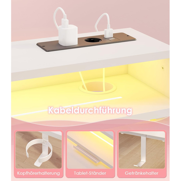 Ігровий стіл OffiGo, стіл з регульованою висотою 140 см, RGB-підсвічуванням та розетками, електричний стіл з 3 відкритими відділеннями для зберігання, тримач для напоїв та навушників, карбонова поверхня білого кольору