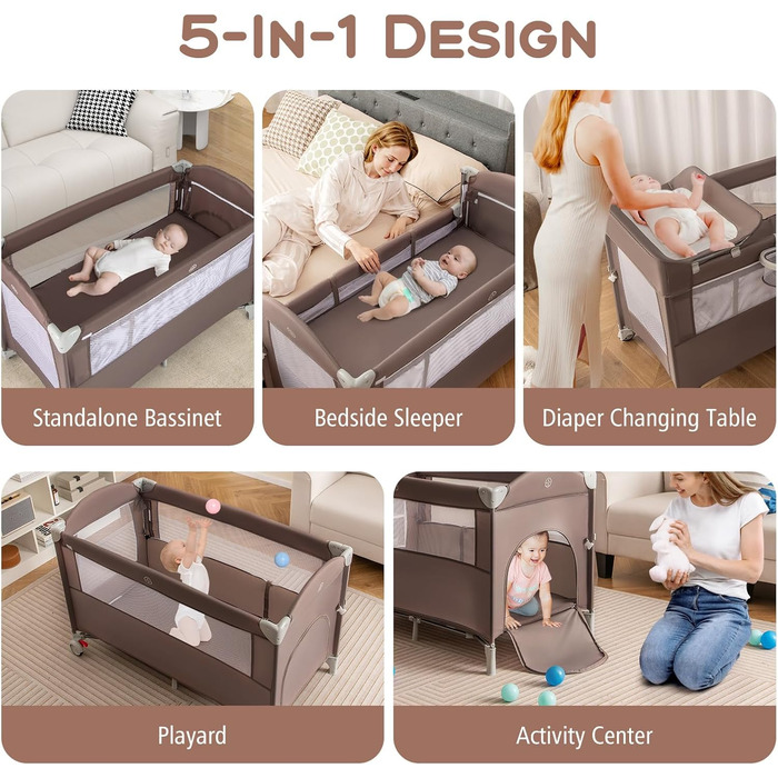 Складане дитяче ліжечко LIFEZEAL з пеленальний столик, дорожнє ліжечко з ігровою аркою та музичними дзвіночками, мобільне дитяче дорожнє ліжечко з сумкою для зберігання, для немовлят 0-36 місяців (коричневе)