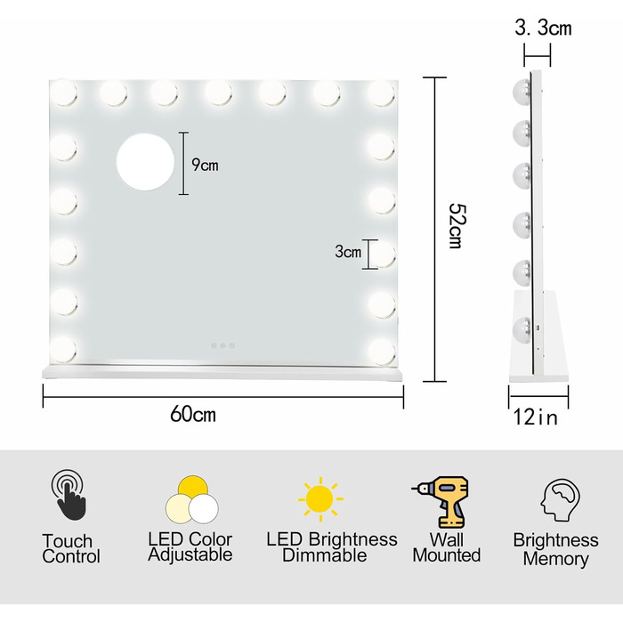 Дзеркало Saimeihome Hollywood зі світлом Дзеркало для макіяжу з 17 світлодіодним підсвічуванням, 3 режими освітлення, сенсорне управління Настільне дзеркало зі світлом Косметичне дзеркало для настільного настінного кріплення - 60x52см Білий 52L x 60B см