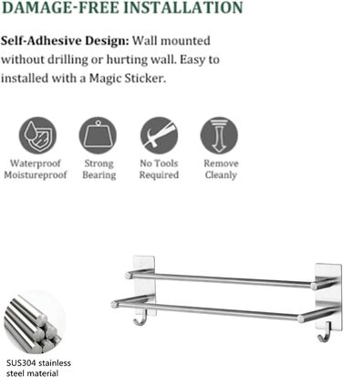 Рушникосушка без свердління подвійна 43,5 см з нержавіючої сталі рушникосушка для ванної кімнати самоклеюча рушникосушка настінна