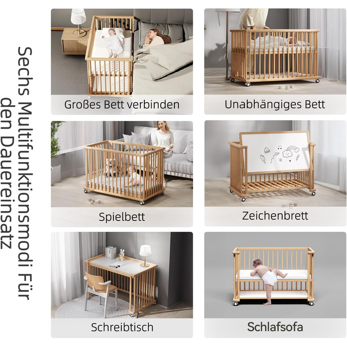 Дитяче ліжко 6-в-1, що трансформується в приліжкове ліжечко, ліжечко, колиска, дитячий стіл, диван-ліжко, нефарбований бук, регулювання висоти у 8 напрямках