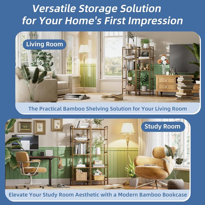 Бамбукова полиця для ванної кімнати HITNET, 5-рівнева книжкова полиця, полиця для ванної кімнати, окремостояча вузька висока полиця з регульованими полицями, компактна полиця для зберігання речей для домашнього офісу, горіх