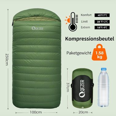 Пуховий спальний мішок, 3-4 сезони, надзвичайно великий спальний мішок 230 см x 100 см, легкий та теплий пуховий спальний мішок, підходить для дорослих для кемпінгу на свіжому повітрі, піших прогулянок та походів, зелений