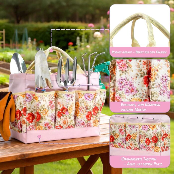 Набір садових інструментів Gartenwerk, 11 предметів, нержавіюча сталь секатор, рукавички, сумка для квітів, розпилювач, килимок для пересадки рослин інструменти для саду в рожевому кольорі