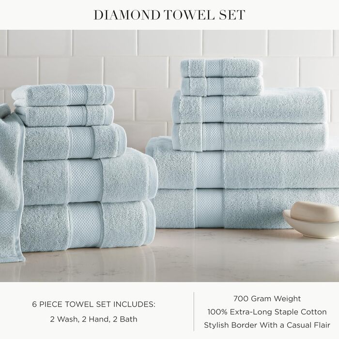 Набір рушників Peacock Alley Diamond, 6 предметів, розкішний, 100 турецька бавовна з довгим штапелем, м'який, поглинаючий і швидко