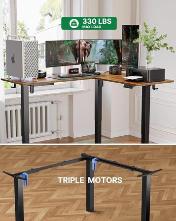 Стіл Marsail для роботи стоячи, регульований по висоті, з електричною розеткою 10,2 см, L-подібний електричний стіл для роботи стоячи з гачком для навушників, стіл для роботи стоячи для домашнього офісу, стабільна робоча станція для письма, рустикальний д