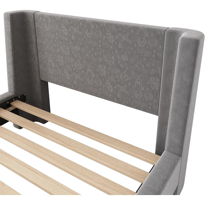 Дитяче м&39яке ліжко Merax 90x200 см, каркас одного ліжка з рейковою основою, високим узголів&39ям та ізніжжям, миле дитяче ліжко з креативним мультяшним візерунком, для хлопчиків та дівчаток, оксамит, матрац не входить до комплекту, сірий 90 x 200 см сір