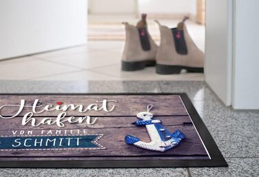 Персоналізований килимок для дверей &quotHome Port&quot з прізвищем, мотивом якоря, морським декором, нековзний та миється, чорний, 60x40 см, &quotHome Port&quot коричневий/чорний