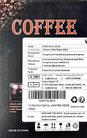 Ручний ручний фільтр для кавоварки YunNasi Pour Over Hand Coffee з нержавіючої сталі зі скляним фільтром (400 мл) чорний