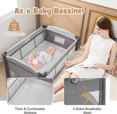 Дорожнє ліжечко GOPLUS 5-в-1 з пеленальний килимок, потовщений матрац, складне дитяче ліжечко з повітряними боковими стінками, колеса, сумка для перенесення, дитяча колиска з навісом, манеж для немовлят 0-36 місяців (сірий)