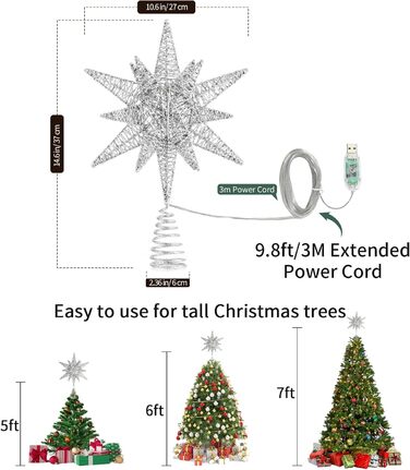 Різдвяна верхівка для ялинки зірка срібна Lewondr