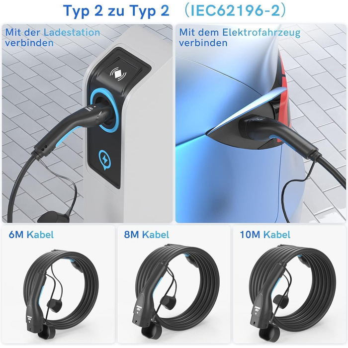Зарядний кабель EVDANCE Type 2 22кВт 32А 8м 3-фазний Тип 2 на Тип 2 з сумкою для E Auto EV/PHEV, сумісний з 3/S/X/Y, i3, ID.3, ID.