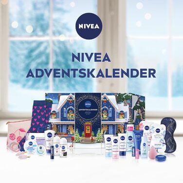 Різдвяний календар NIVEA 2025 24 дверцята з приємними сюрпризами, різдвяний календар із засобами догляду, набір засобів догляду на період Різдва, продукти NIVEA та Labello