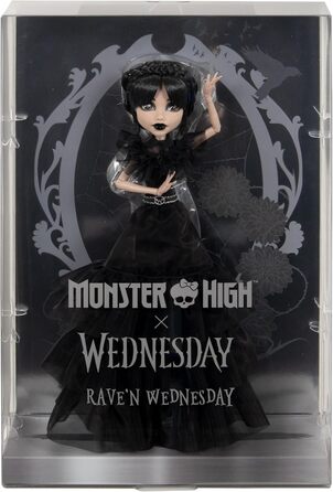 Лялька Monster High Wednesday, колекційна фігурка Rave&39N Wednesday у чорній готичній сукні, натхненна танцювальною сценою, преміальні аксесуари та підставка для ляльки, HXJ03