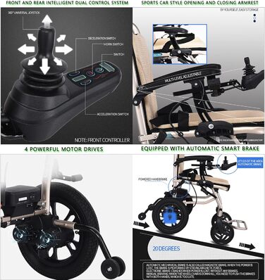 Легке електричне інвалідне крісло для людей похилого віку з обмеженими можливостями, відкривається/складається за 1 секунду, складна мобільна підставка для ніг, важіль спрямування на 360, мобільна літієва батарея, бежева - 88 * 45 см 88 * 45 см бежевий