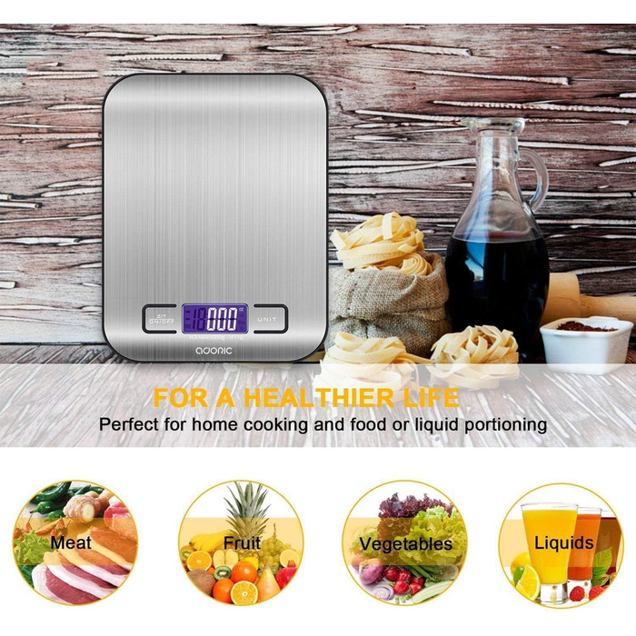 Професійні електронні ваги, кухонні ваги з РК-дисплеєм - чудова точність до 1 г (максимальна вага 5 кг) - сріблястий