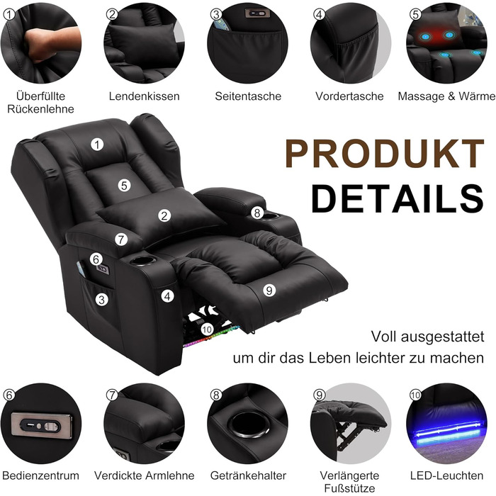 Електрично регульоване крісло-реклайнер з функцією відкидання спинки, крісло для телевізора зі штучної шкіри з масажем та підігрівом, сучасне кінокрісло зі світлодіодним підсвічуванням/USB, до 150 кг (чорне, 1 крісло-реклайнер з консоллю) Чорне 1 крісло-р