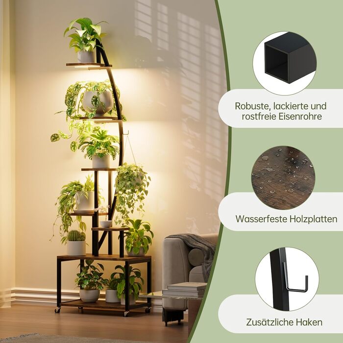 Підставка для рослин з лампою для вирощування, 7-рівнева підставка для квітів (165 см), полиця для рослин з металу та дерева з фіксуючими колесами, підставка для квітів для внутрішнього/зовнішнього використання, декоративна підставка для квітів для саду а