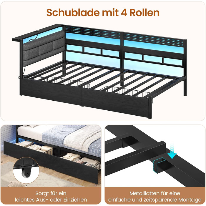 М&39який диван-ліжко 90x200 зі світлодіодним освітленням, зарядною станцією, кушеткою, дитячим ліжком з 2 шухлядами та металевим рейковим каркасом, м&39яким узголів&39ям з відкритим місцем для зберігання, чорний 90 x 200 см