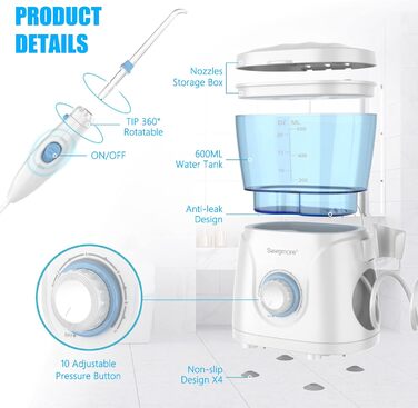 Електричний іригатор для порожнини рота Sawgmore з 10 рівнями тиску та 8 насадками, професійний водяний нитка для чищення Zantine, резервуар для води 600 мл, ідеально підходить для сімейного білого кольору