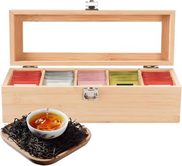 Чайна коробка, чайні коробки для чайних пакетиків, коробка для зберігання чайних пакетиків з 4 регульованими відділеннями та оглядовим віконцем, дерев&39яна чайна коробка, коробки для зберігання чаю з кришкою, 9x30x10 см